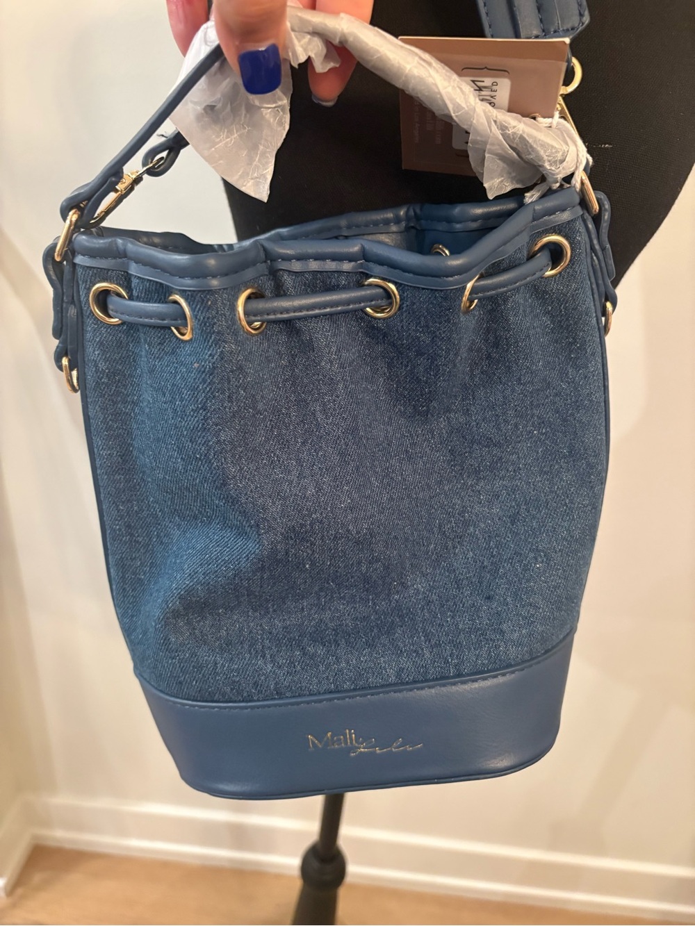 Denim & Vegan Leather Bucket Bag NWT Blue